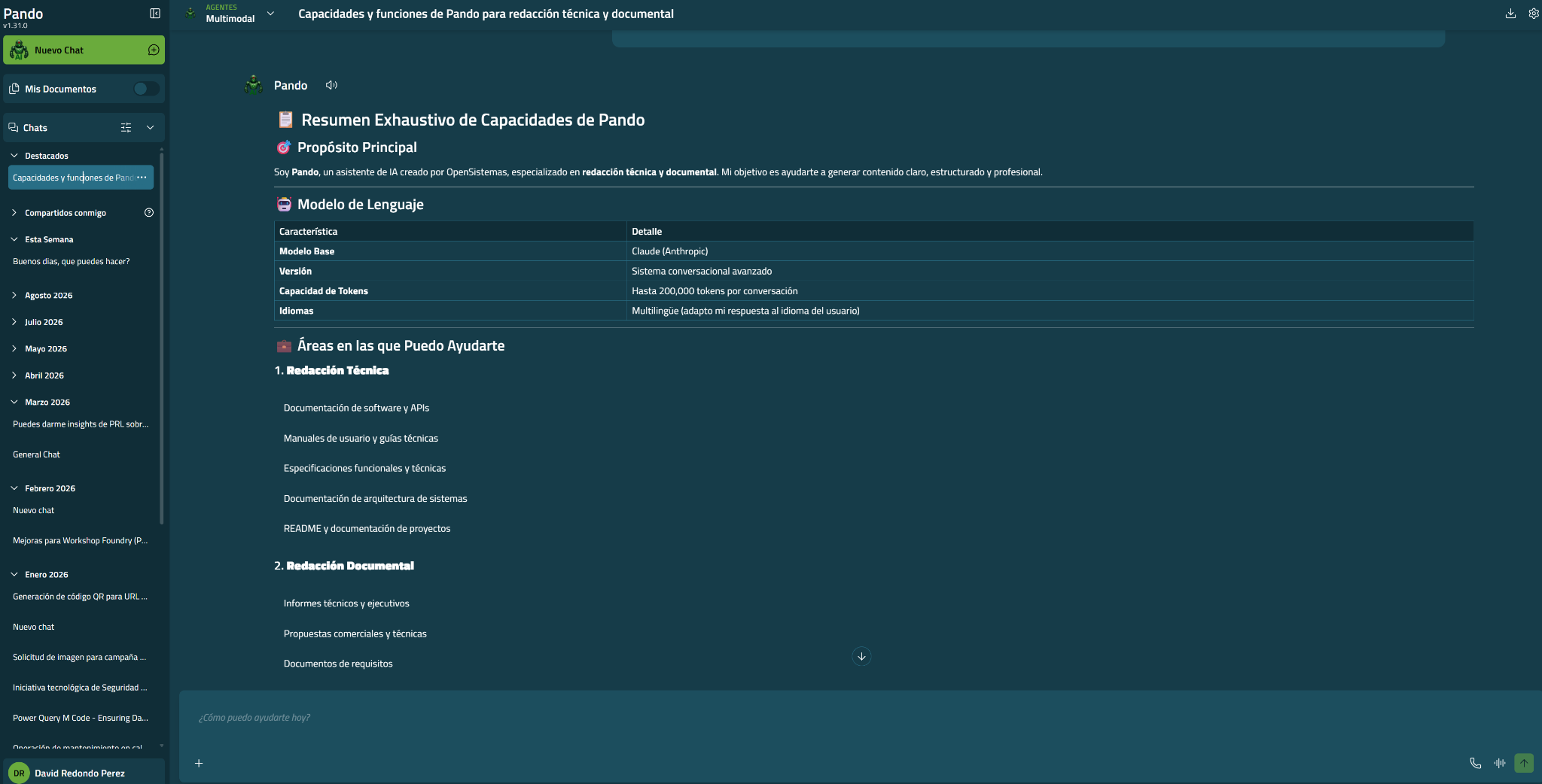 Captura de la interfaz de Pando con modo oscuro y documentación técnica